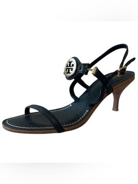 Tory Burch Mira Black Leather Gold Logo Kitten Heel Sandals Size 8